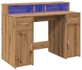 kézműves tölgy színű szerelt fa LED-es íróasztal 120x55x91 cm