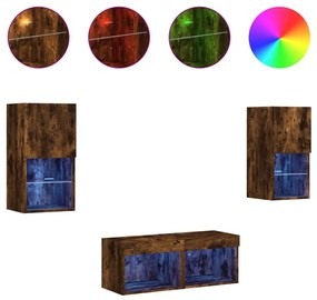 4 darab füstös tölgy színű falra szerelhető TV-szekrény LED-del