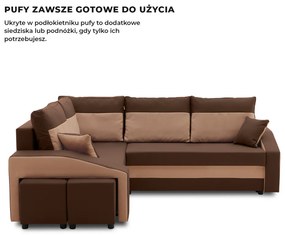 Grande sarokkanapé polcokkal és puffokkal , polc a jobb karfaban puffok a bal karfaban, baloldali, szövet anyag, bonell töltet, barna