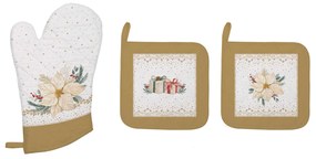 Karácsonyi mikulásvirág mintás Edényalátét 2 db és edényfogó kesztyű 1 db pamut White Elegance