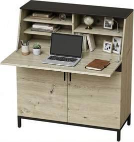 HOMCOM 100 cm lehajtható íróasztal — modern ipari számítógépasztal polcokkal és szekrénnyel, natúr fa/fekete | Aosom