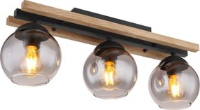 Globo 15569-3DW Mennyezeti lámpa könnyű fém fekete matt, fa sötétbarna, üveg füstszínű, HxSzxM: 600x150x205mm, 3x E27 25W 230V izzók nélkül