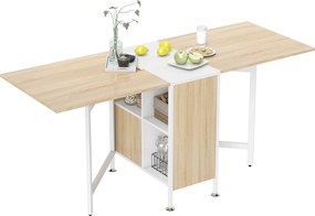 HOMCOM Összecsukható Étkezőasztal Oldalasztal Polc a Nappaliba Konyhába Tölgyfa Fa Fém Váz Természetes Fehér 169 x 60 x 75 cm | Aosom