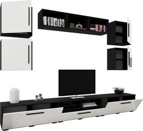 Kos V3 nappali szekrénysor, Fekete / Fényes fehér, MDF, 285 cm