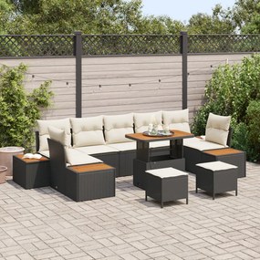 10 darabos kerti kanapé szett párnákkal Fekete Poly Rattan Akácia, 3 darabos kerti étkező szett párnákkal Fekete Poly Rattan Akácia