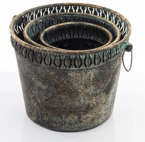 Kaspó 3 db-os szett, sötét arany fém, patinás 22x30.5x27.5 20x25x22 18x20x17cm