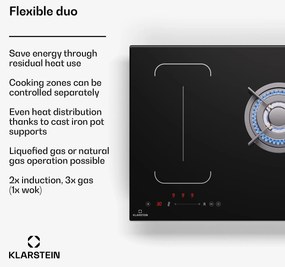 Klarstein MultiChef 5 Wok, indukciós és gáz tűzhely, 5 főzőzóna, 3 gázégő, 2 indukciós főzőlap, FlexZone