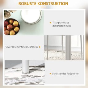 HOMCOM Étkezőgarnitúra, étkezőasztal 4 székkel, modern design, üvegasztal, fehér