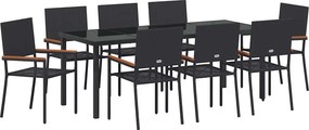 vidaXL Kert étkező szett párnával 9 pcs Fekete polirattan