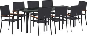 vidaXL Kert étkező szett párnával 9 pcs Fekete polirattan