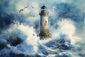 Vászonkép Canvas Világítótorony Tenger Víz Hullámok Vihar Sirályok 60x40