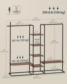SONGMICS HOME dupla ruhaállvány 6 polccal, 136 kg teherbírás, dió/fekete