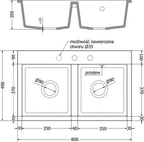 Mexen Hektor 2 rekeszes gránit mosogató 800 x 480 mm, fekete pöttyös, króm szifon - 6521802000-76