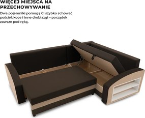 Grande sarokkanapé polcokkal , polc a jobb karfaban, jobboldali, szövet anyag, hab töltet, barna