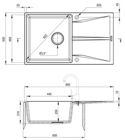 Deante ZRC_211A - CORIO konyhai mosogató 50x86 cm gránit/grafit