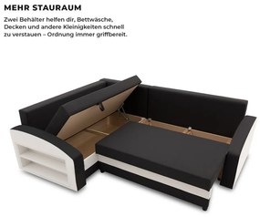 Grande sarokkanapé polcokkal , polc a bal karfaban, baloldali, szövet anyag, bonell töltet, fekete - fehér