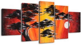 Gario Kézzel festett kép Masszív fa naplementekor - 5 részes Méret: 150 x 70 cm