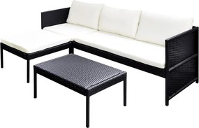 vidaXL 3 részes fekete polyrattan kerti bútorszett párnákkal