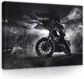 Vászonkép 100x75 Éjszakai város motorkerékpár sebesség füst felhők felhőkarcolók teljesítmény