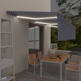 kék és fehér redőnyös, szélérzékelős, LED-es napellenző 6x3 m