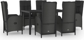 vidaXL 7 részes fekete és szürke polyrattan kerti étkezőszett párnával