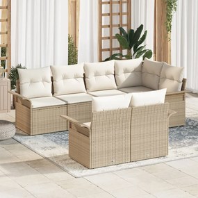 7 Részes Kert Sofa Szett Párnákkal Bézs Poli Rattan, 2-Személyes Kert Sofa Tárolóval és Párnákkal Bézs Poli Rattan