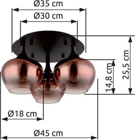 Globo 15548-3DG Mennyezeti lámpa fém fekete matt, fém fekete-króm, réz színű/átlátszó színátmenetes üveg búra, ø: 450mm, M: 255mm, 3x E27 40W 230V izzók nélkül