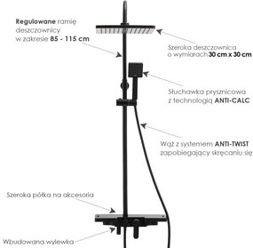 Erga Oslo, zuhanygarnitúra karos csapteleppel, polccal és esőfejjel 30x30 cm, matt fekete, ERG-YKA-BP.OSLO-30-BLK