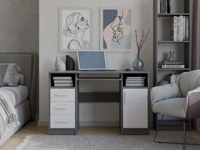 Delta íróasztal, 120 cm, 3 fiók, szekrény, polcok, antracit - fehér