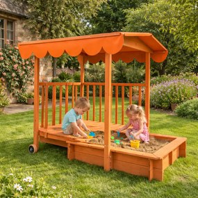 HAPPY verandás homokozó, 130x130x143cm, barna/narancs Jurhan