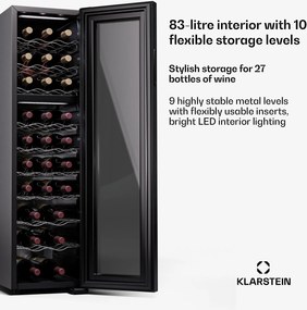 Klarstein Shiraz 27 Duo, borhűtő, 2 zóna, 83 l/27 palack, 5-18 / 5-18 °C, érintésvezérlés