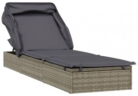 szürke polyrattan napozóágy összecsukható tetővel 213x63x97 cm