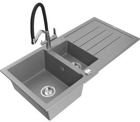 Mexen Andres gránit mosogató 1,5 medencés, csepegtetővel és Duo konyhai csappal, szürke - 6515-71-671701-07