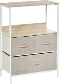 HOMCOM Tároló Fiókos Szekrény 3 Textil Fiókkal, Polccal és Felső Tálcával, Kis Oldalszekrény - 58L x 29W x 81.5H cm - Természetes és Fehér Fém | Aosom