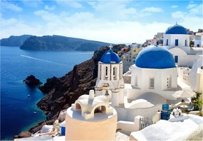Fotótapéta Santorini Oia kék kupolák tenger Görögország 200x140 +ragasztó