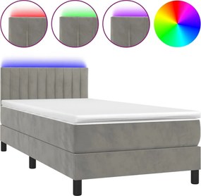 vidaXL világosszürke bársony rugós és LED-es ágy matraccal 90x190 cm