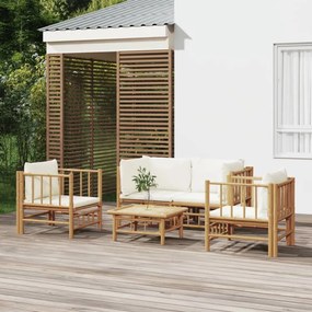 5 részes bambusz kerti ülőgarnitúra krémfehér párnákkal
