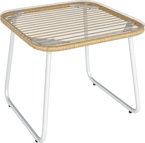 Outsunny Szintetikus Rattan Kerti Asztal, Kültéri Asztal Edzett Üveg Felülettel és Állítható Lábakkal Teraszra, Balkonnak Természetes és Fehér | Aosom