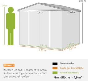 Kerti Ház fém kerti fészer, időjárásálló és rozsdamentes, zárható, 2,40 x 2,06 x 1,98 m, teakfa