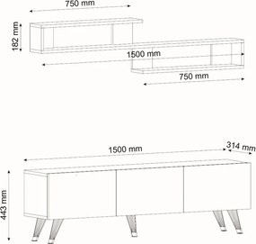 TV állvány MIYA 150 cm fali polccal, antracit színű