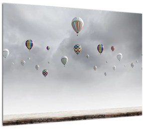 Kép - léggömbök egy téglafal felett (üvegen) (70x50 cm)
