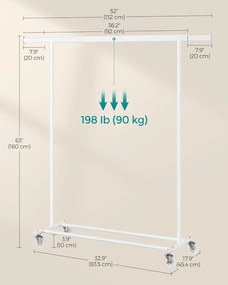 Ruhaáállvány, gurulós, ruháknak max teherbírás 90kg, fehér, 92-132 cm között állítható