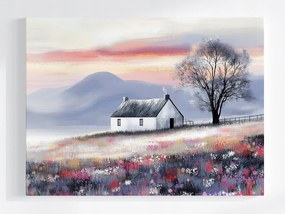 Vidéki Poszter Tájkép Hegyek Rét Virágok Fa Ház 100x75
