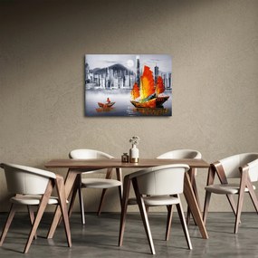 Festmény - Victoria Harbour, Hong Kong, fekete-fehér olajfestmény (70x50 cm)