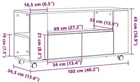 kézműves tölgy szerelt fa TV-szekrény kerekekkel 102x34,5x43 cm