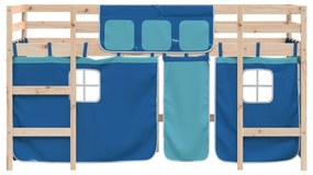 kék tömör fenyőfa gyerek galériaágy függönnyel 90 x 190 cm