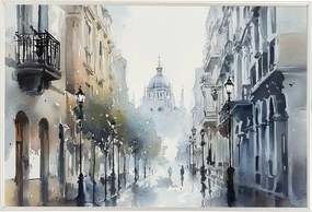 Poszter Alumínium Keret Akvarell Utca Óváros Templom Tájkép 60x40