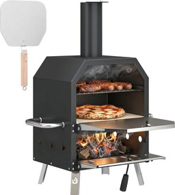 Outsunny kültéri fatüzelésű pizzasütő, rozsdamentes acél, kétszintes, 1 cm vastag pizzakő, összecsukható lábak és pizzaszerszám – hordozható (Aosom)