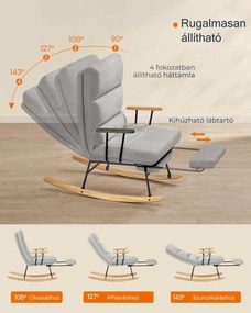 Hintaszék fa lábakkal, plüss szövettel, 4 fokozatban állítható háttámlával,  Szürke színben