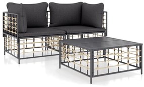 3 részes antracitszürke polyrattan kerti ülőgarnitúra párnákkal